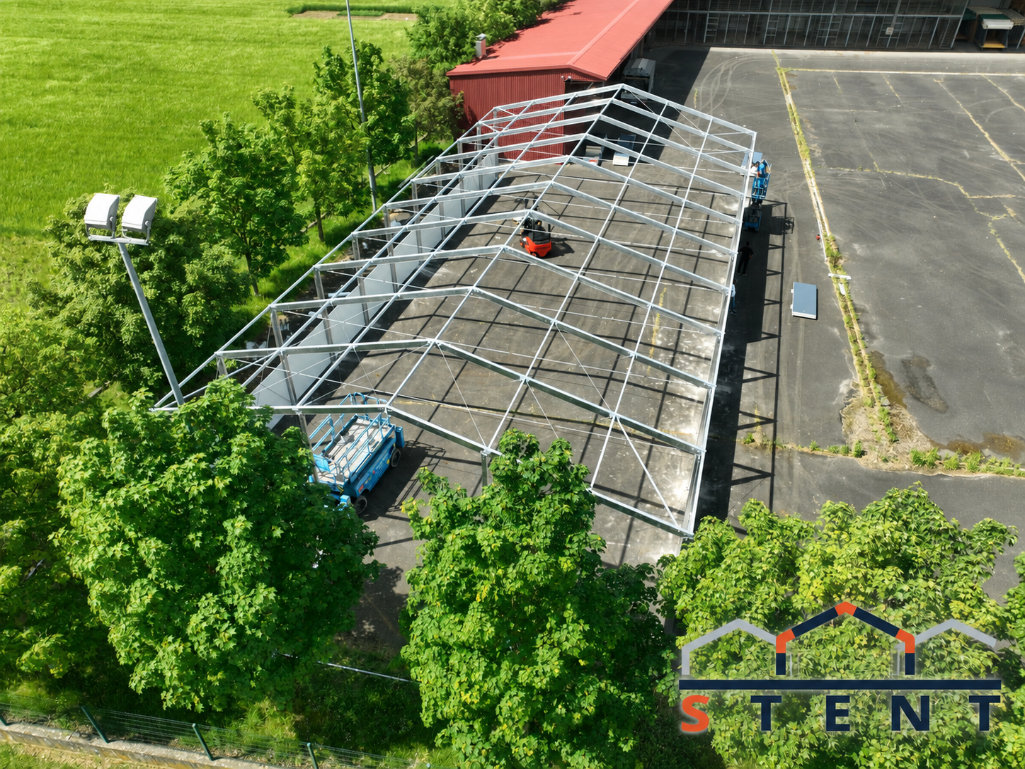 Aerial view of the aluminium tent structure during erection